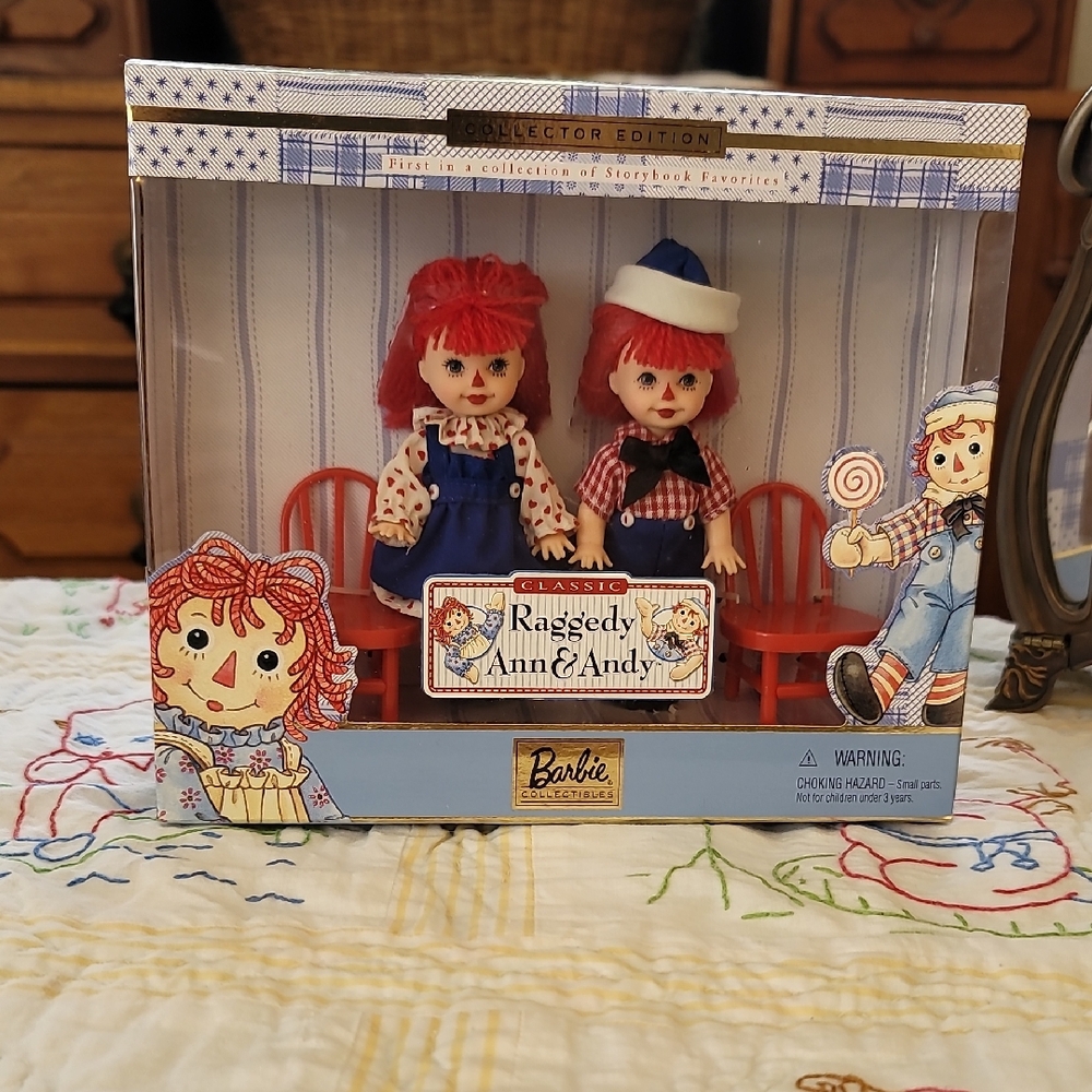 Barbie Collector Raggedy Ann & Andy Dolls with Red and Blue Outfits